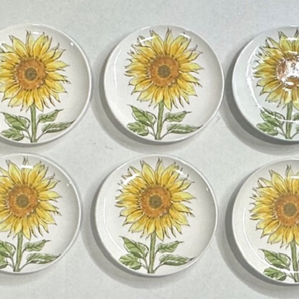 Signature Hoursewares Stoneware Plate Set of 6 W/ Metal Caddy Sunflower Design - Picture 6 of 14